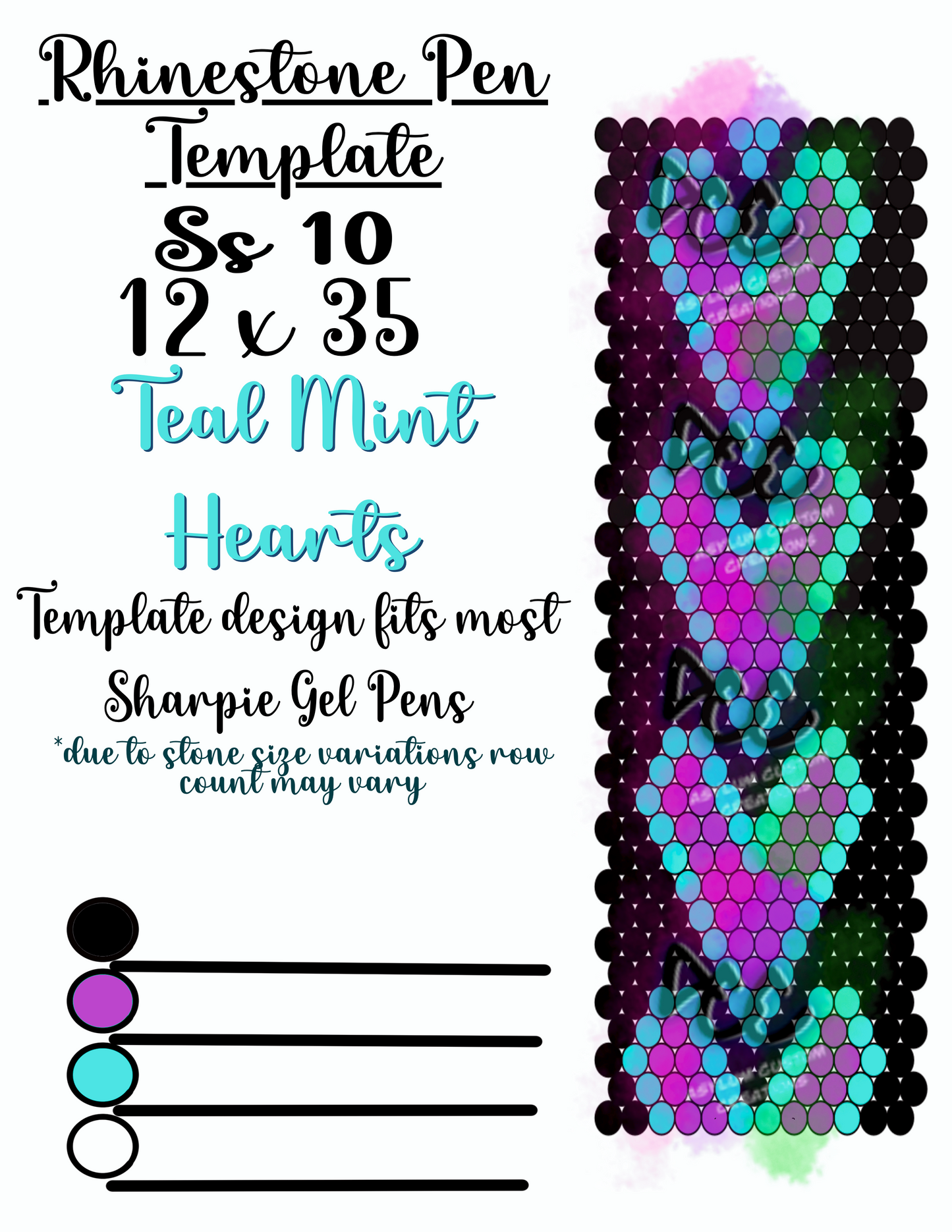 Teal Mint Hearts Rhinestone Pen Template